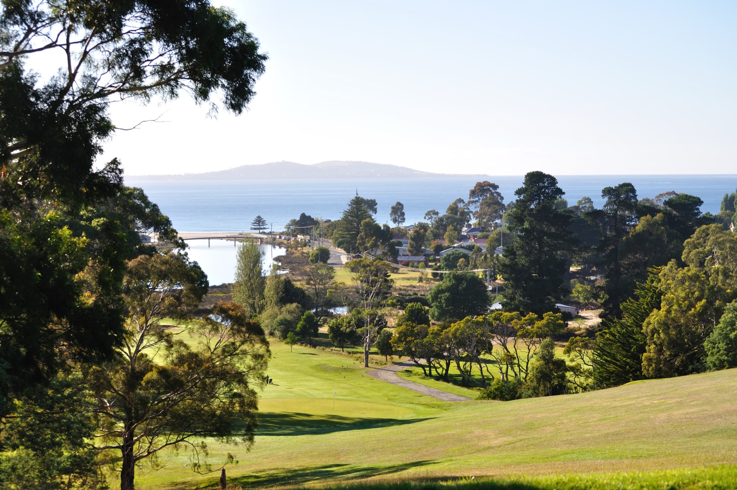 Elevated view over the course to Kingston Beach and the Channel