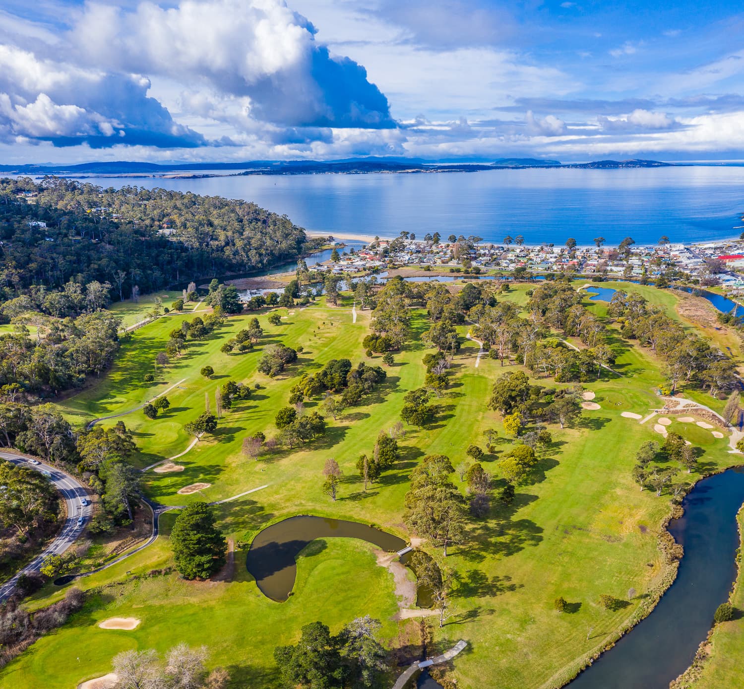 Aerial view of Kingston Beach Golf Club and the D'Entrecasteaux Channel