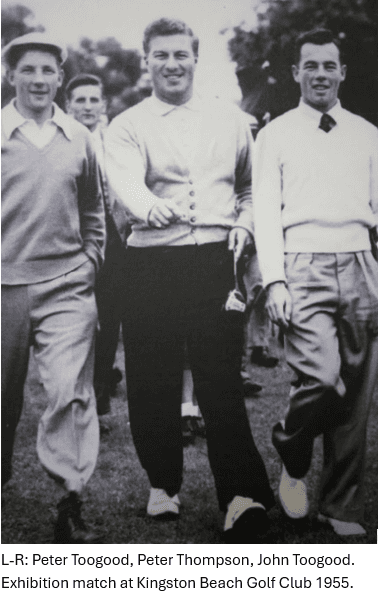Peter Toogood, Peter Thompson and John Toogood walking the course during a 1955 exhibition match at Kingston Beach