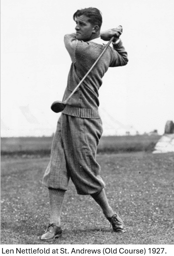 Len Nettlefold at the top of his swing at St Andrews Old Course, 1927
